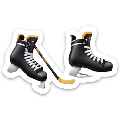 Please, make An icon featuring close-up shots of key hockey equipment: a hockey stick, puck, and skates. The background shows a packed stadium with cheering fans, bright arena lights, and an icy rink. Transparent background highlights the essentials of the game and the thrill of the sport. sticker