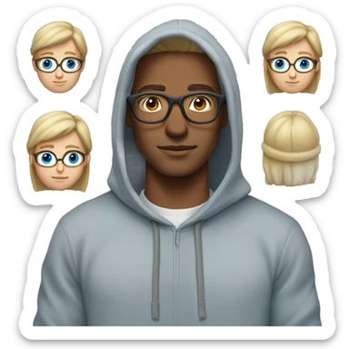 blond man, wide glasses for vision, long hair back, blue eyes, gray hoodie, gray cap sticker
