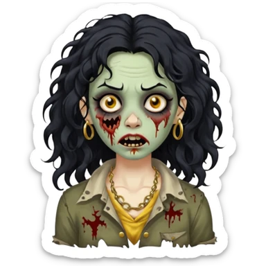Create a zombie woman with voluminous wavy hair and a gold nose piercing. sticker
