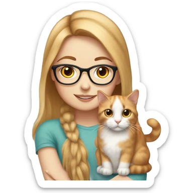 White skin strawberry-blonde haired girl with glasses holding long-haired calico cat sticker