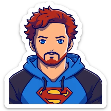 Full body Adult male with blue eyes and redish messy hair and trimmed facial hair wearing a blue superman hoodie  sticker