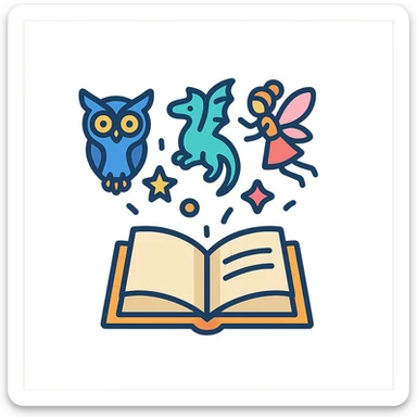 open book with magical creatures flying out, such as owl or fairy, magical atmosphere, shadows and highlights, colorful outlines sticker