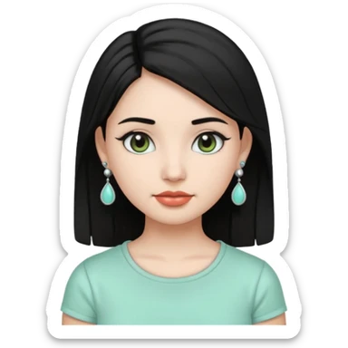 A girl emoji wearing  silver colour jhumka and light mint green colour tshirt with dark black hair sticker
