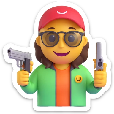 3D smiley emoji, round shape, wearing sport shooting glasses, holding pistol, sporty face, transparent background (sport shooting) sticker