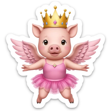 Pig with wings and a princess crown wearing a pink tutu flying in the air sticker