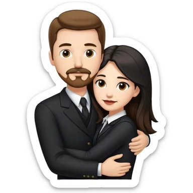 tall white man with brown hair goatee mustache hugging a pale woman with long black hair, wearing formal clothing sticker