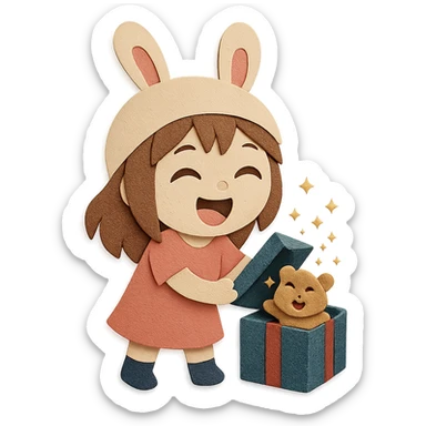 Create a laughing chibi cute girl with a bunny hat unwrapping a magical glitter gift box with a small laughing teddy bear inside the gift box, full body, clean and polished, no imperfections, matching the paper-craft style and quality of the reference image sticker