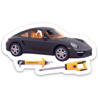 Porsche luxury car with dent repair tools like a lever and small hammer, elegant and modern sticker