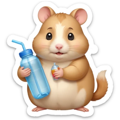 Cute chubby cartoon-style hamster hugging an oversized water bottle, sipping with tiny straw, happy expression. Painterly shading, expressive eyes, white background, sticker-style illustration sticker