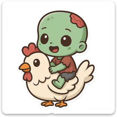 a green baby zombie riding a chicken, chibi stickers cartoon style, adorable, big eyes sticker