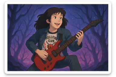 Eddie Munson from Stranger Things in the Upside Down, depicted in Ghibli style with a wide 16:9 aspect ratio. The background is dramatic and supernatural, evoking an expressive and cinematic atmosphere. sticker