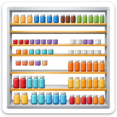 "Each product is stocked in multiple units placed directly behind one another on the same shelf, forming deep horizontal lines of identical items, while different product types are arranged vertically in separate columns." sticker