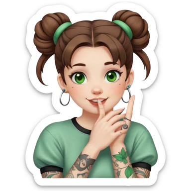 A woman with tattoos, brown hair half up in an updo in space buns, pale skin, green eyes, giggling with her hand over her mouth sticker