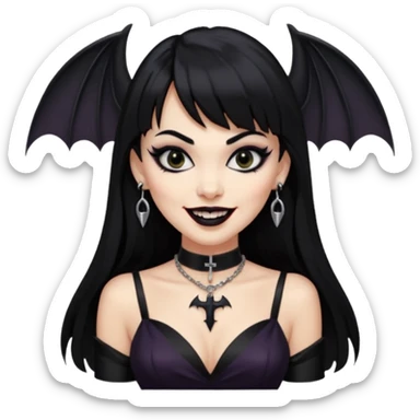 vampira com cabelo preto longo e liso e franja, olhos pretos, brincos em formato de cruz, choker em formato de morcego, roupa preta com decote, batom preto e sorrindo mostrando as presas sticker