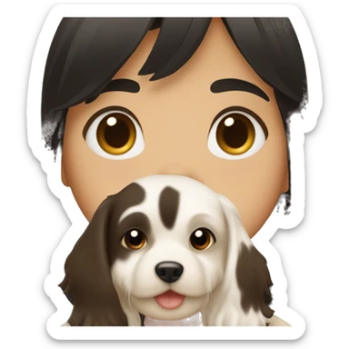 A girl with black hair with bangs, having a dog épagneul breton brown and whiter in her arms sticker
