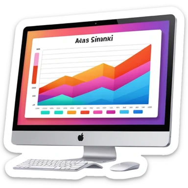 iMac computer with bar charts and beauty products inside the screen sticker