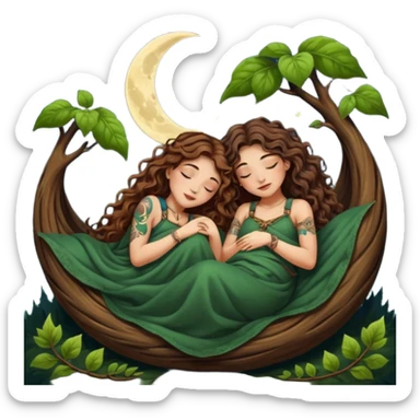 two forest alchemist women — one with long wavy brown hair and tattoos, one with short tight curly brown hair — sleeping back to back under leaf blanket crescent moon above sticker