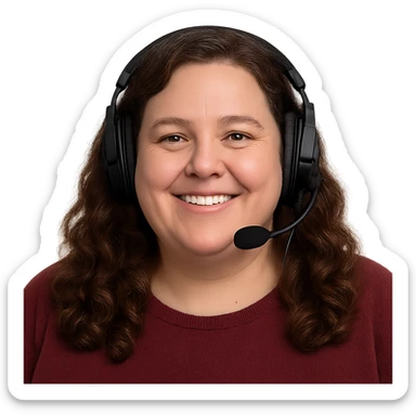 chubby English teacher with wavy long brown hair, smiling, wearing gaming headset, for online classes, only face sticker