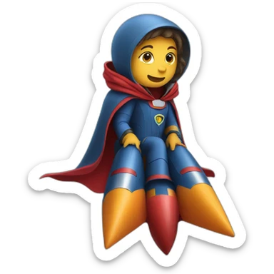 person sitting on a rocket dressed with a cape sticker