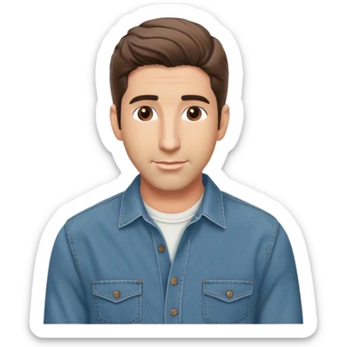 handsome Ross Geller from Friends TV show with well-styled brown hair and attractive features in casual clothes, button-up shirt and jeans sticker