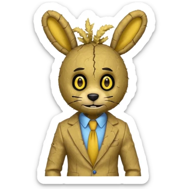 springtrap yellow damage hare suit with hare ears blue eyes with strands of 3C afro textured hair size of a small toothpick sttcking up sticker