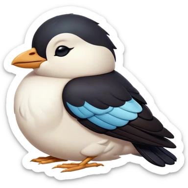 Meme-Worthy Cute Sleeping Magpie Portrait Emoji, Head resting peacefully with a contented smile, showcasing a sleek, elegant form with eyes gently closed in serene slumber and glossy, contrasting plumage, Simplified yet adorably endearing features, highly detailed, glowing with a soft, drowsy urban light, high shine, relaxed and utterly lovable, stylized with an air of playful laziness, soft glowing outline, capturing the essence of a sleeping magpie that feels destined to become the next viral icon of adorable rest! sticker