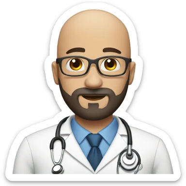 Bald male doctor with black beard and a crown sticker
