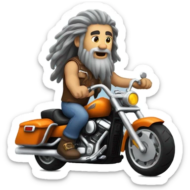 Caveman with long gray hair and a goatee riding a Harley Davidson motorcycle  sticker