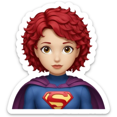 girl with short curly cherry red hair. Brown eyes. Superhero sticker