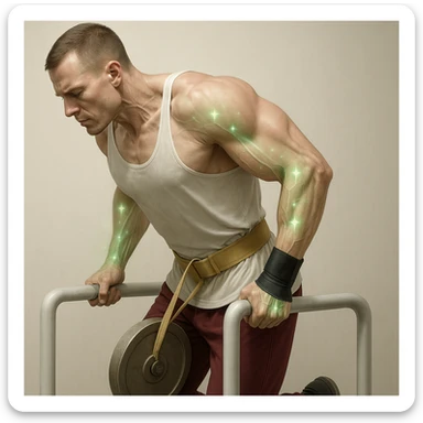 A man doing a dip exercise with shoulder, arm, and elbow joints highlighted in green, adorned with small positive energy symbols like green stars or sparkles on the areas to indicate health and regeneration. Hyper-realistic style with anatomical details, clinical atmosphere, and light background. sticker