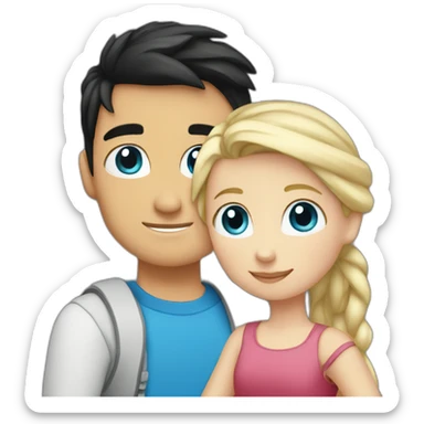 blond white girl with blue eyes hug white boy with black hair with pony-tail sticker