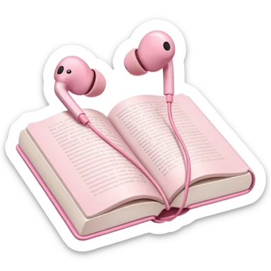  pink Pink Apple-style earbuds lying on an open book, soft pastel tones, cozy and minimal aesthetic, realistic lighting and shadows, top-down view, transparent background" sticker