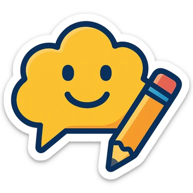 cartoon style cloud-shaped speech bubble emoji with a smiling face and a pencil next to it, representing a post caption as a comment sticker