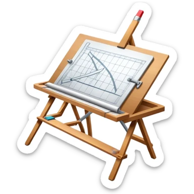 Sleek icon for Architecture: engineer's drawing board with 3D model of the building,  pencil, architect's easel, rulers and protractor. Transparent background. sticker