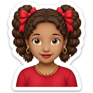 Brownskin girl dark brown hair fluffy. pigtails with red bows brown eyes smiling closed mouth red shirt gold esrrings gold necklace sticker