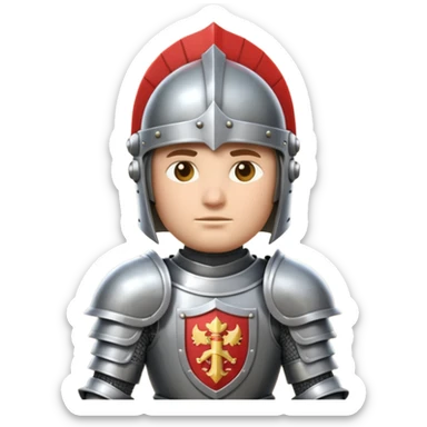 An emoji portrait of a medieval knight. He wears a suit of armor with a stylized helmet. His expression is serious and determined, and he holds a shield with a family crest. sticker