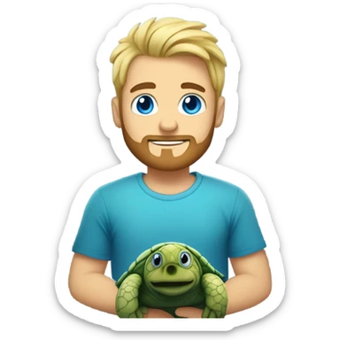 Blonde man with beard and spiked up hair, blue eyes, t-shirt, holding a sea turtle  sticker