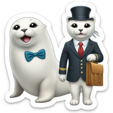 White young seal in tie and with briefcase and closed eyes and with cat in hat sticker