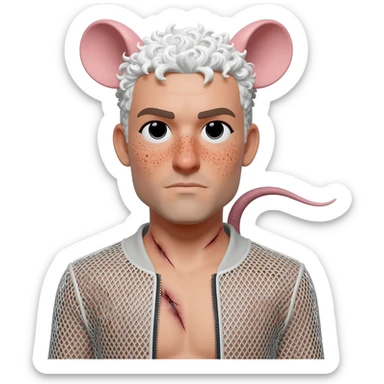 A trans man with top surgery scars. He has rat ears and rat tails. He has freckles. His hair is white and curly. He dressed in mesh jacket sticker