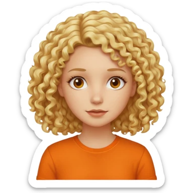 curly blond hair woman in orange shirt no smile sticker