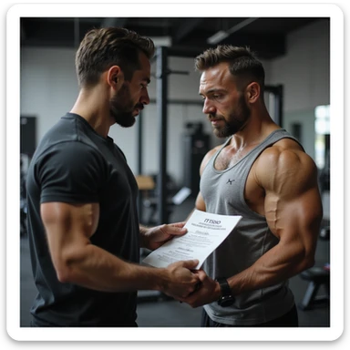Bodybuilding coach explaining the protocol to an athlete, holding a sheet with readable text: 'Ciclo base: testosterone enantato 250 mg/settimana, 8 settimane, tamoxifene 10 mg/die.' Gym environment, professional atmosphere, hyperrealistic 4K details. sticker