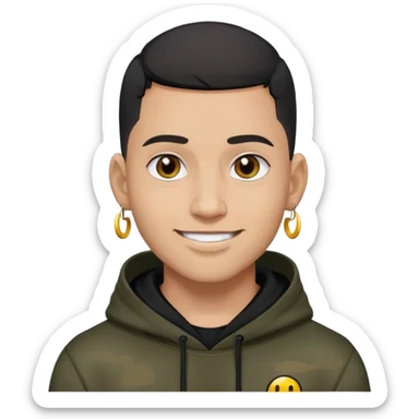 man with black military haircut, brown eyes, wearing 2 circle earrings and a black hoodie with a smiley face sticker