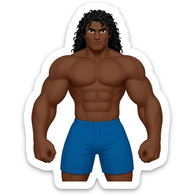 Superhero black male look superstrong blue shorts and big arms no shirt long black curly hair full body sticker