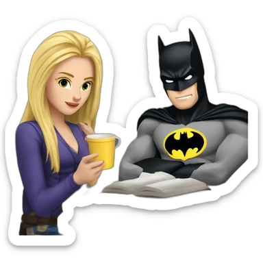 The blonde girl and the strong batman are studying with coffee sticker