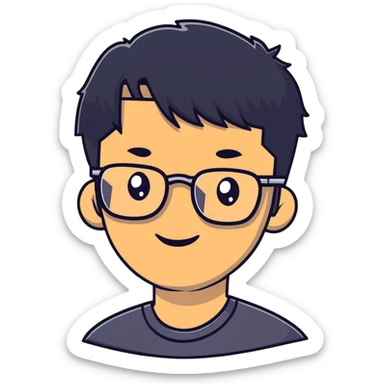 Asian man with short black hair, glasses, friendly smile, Josh Lim character sticker