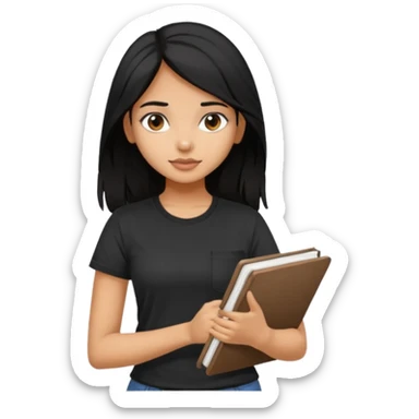 a pretty tan indian bratz girl with messy dark black hair, wearing a black tee carrying a sketchbook sticker