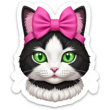 A black and white cat with green eyes she has a hot pink bow on her head  sticker