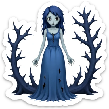 Gloomy ghostly fair lady with long ragged torn tattered dress, thorns across arms and legs, depressed face, ghoul-like gloomy dark greyish dull-colored deep-blue dark-black swampy monsterous lady woman (full body) sticker