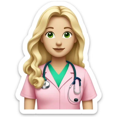 pale blonde girl with long wavy hair and green eyes wearing pink scrubs and stethoscope  sticker