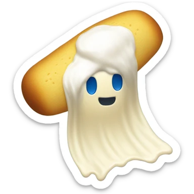 A Twinkie with cream coming out of the bottom and a blue towel, covering the face where you can’t see the face sticker